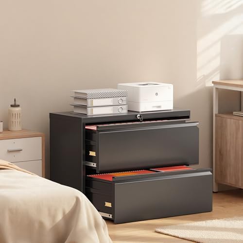 Superday Lateral File Cabinet 2 Drawer Metal File Cabinet with Lock, Black Filing Cabinets for Home Office, Locking Filing Cabinets Hanging Files Letter/Legal/F4/A4