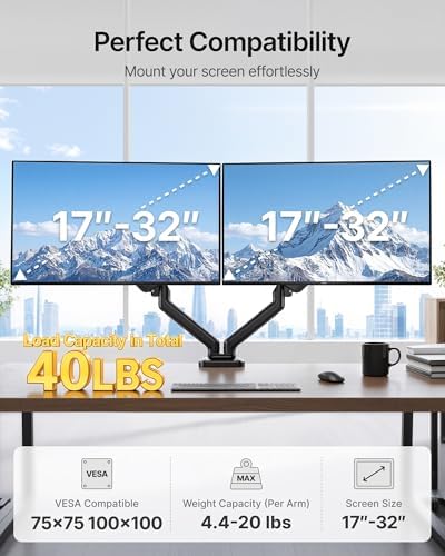 monTEK Dual Monitor Arm for 17-32" Flat/Curved Screen up to 19.8 lbs