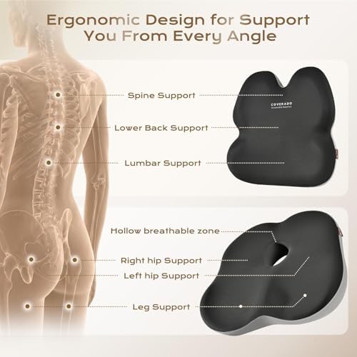 Coverado Car Seat Cushion And Lumbar Support Pillow for Office Chair,Desk Chair, Wheelchair, Gaming Chair, Car, Airplane, Washable Ergonomic Memory Foam Pillow Back Cushions & Seat Cushions Gray&Black