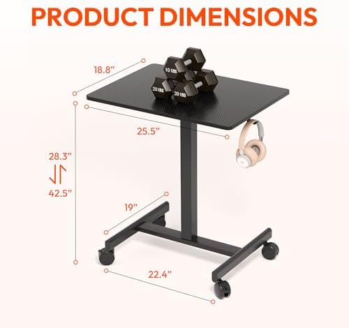 Standing Desk on Wheels, Pneumatic Adjust, Carbon Fiber+Black