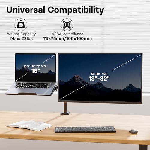 Redbat Monitor and Laptop Mount Stand, Fully Adjustable Monitor Arm with Vented Tray for 13" to 32" LCD Screens and Notebook up to 16", Holds up to 22lbs, VESA Compatible, Dual Mounting Options
