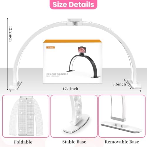 Nail Half Moon Light: Arch Rhinestone LED 29in Moonlight with Phone Holder Stand 3 Light Colors /10 Brightness Levels - Professional Nail Salon Esthetician Media Tech(Diamond,Large)