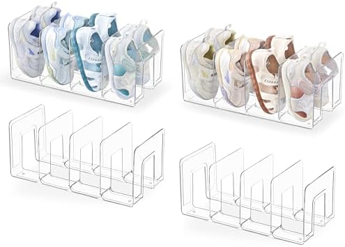HBlife Clear Acrylic Kids Shoe Rack for Closet Organizers and Storage, Small Shoe Rack 4 Sections Toddler Baby Shoe Storage Organizer Stackable Shoe Shelf,Desk File Sorter Book Purse Organizer(4 Pack)