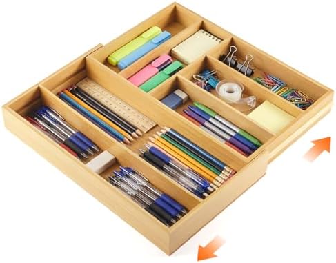 Briwooody Bamboo Sliding Desk Drawer Organizer 9.4'' up to 18'' x 15'' x 2'' Expandable Office Desk Accessories Supplies Tray with 7 Compartments for Pens, Notebooks, Rulers, and Makeup Jewelry Vanity