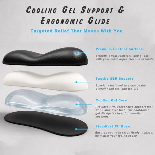 Ergonomic Wrist Rest Set for Keyboard and Mouse | Cooling Gel & Slow-Rebound Memory Foam Palm Support Pad | Luxe Leather, Minimalist, Non-Slip PU Base for Office, Laptop & Gaming (03White)