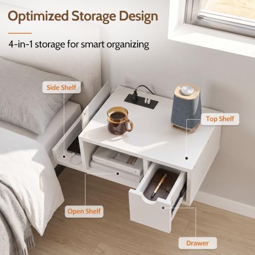 Afuly White Floating Nightstand, Bedside Table with Charging Station&Drawer