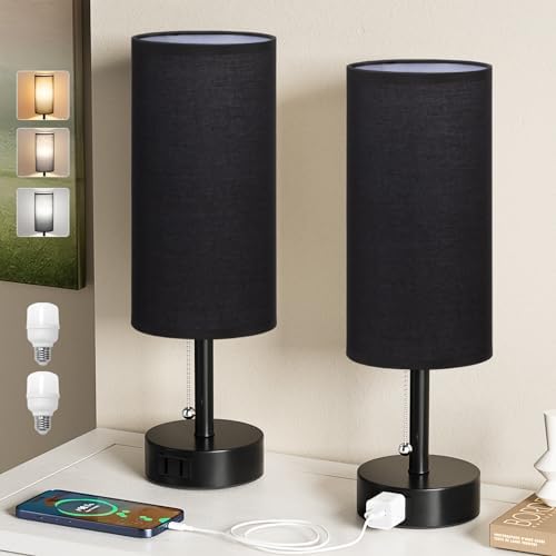Black Bedside Table Lamps Set of 2 - Bedroom Lamp for Desk, AC Outlet
