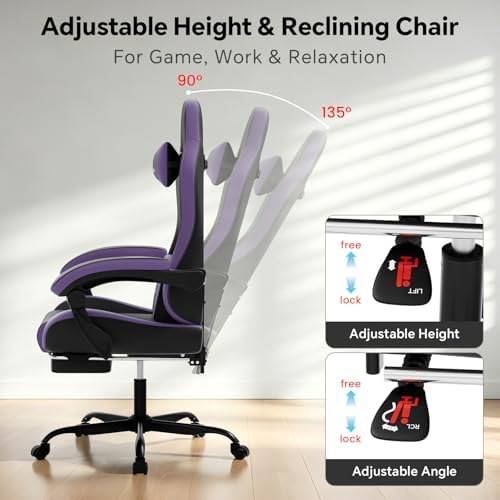 Gaming Chair, Computer Office Chair with Footrest, Adjustable Height & Backrest Gaming Chairs with Swivel for Adults, High Back PU Leather Ergonomic Chair with Lumbar Support, Blackpurple