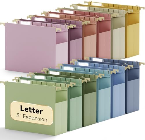 Extra Capacity Hanging File Folders Letter Size,3" Expansion Hanging File Organizer for Home Office,Plastic Filing Cabinet Folders with Tabs,12 Pack Pastel Heavy Duty Folders for File Box Frame