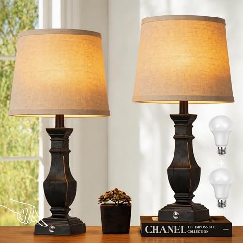 ROTTOGOON Dimmable Table Lamps Set of 2, Rustic Farmhouse Table Lamps for Living Room Bedroom, Bedside Desk Lamps for end Tables, Touch Lamps for nightstand, 9W Bulbs Included, 22", Black