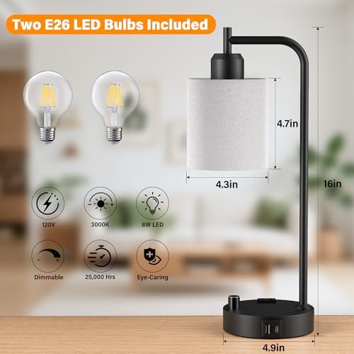 SIBRILLE Industrial Table Lamps with Linen Shade, Set of 2 Fully Dimmable Bedside Lamps with USB A+C Ports and Outlet, Black Nightstand Desk Lamps for Bedrooms Living Room Office, 2 LED Bulbs Included