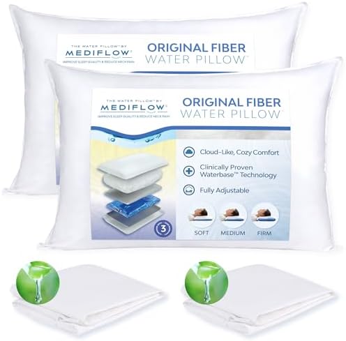 Mediflow Fiber Water Pillow - Adjustable Pillow for Neck Pain Relief, Pillow for Side, Back, and Stomach Sleepers, The Original Inventor of The Water Pillow (2 Pillows, 2 Aloe Vera Pillow Covers)
