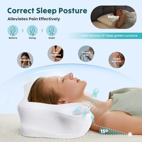 Sweetcrispy Cervical Neck Pillow for Neck Pain Relief, Ergonomic Contour Memory Foam Pillow for Side Back & Stomach Sleepers with Cooling Breathable Cover