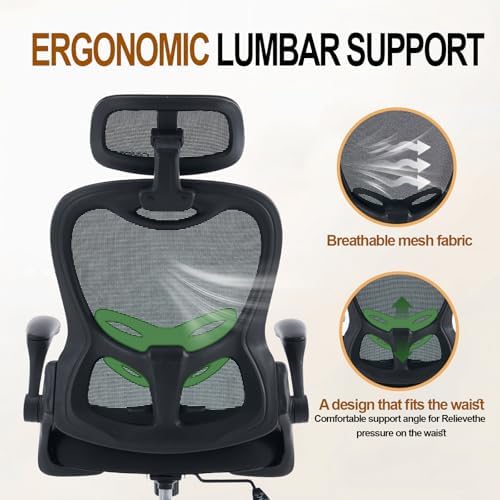 Office Chair, Ergonomic Breathable Mesh Chair,Flip-Up Arms and Adjustable High Back Lumbar Support,Comfy Computer Chair for Home Office (Black/Black, 407)