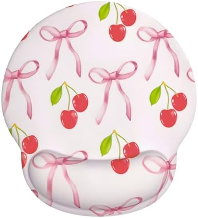 Seorsok Ribbon Bow Cherry Mouse Pad with Gel Wrist Support Mouse Pad,Ergonomic Aesthetic,Comfort Mousepad for Office Work Computer,Pain Relief Mousepad with Non-Slip Silicone Base,Bow&Red Cherry