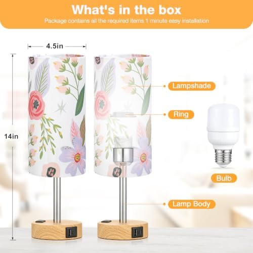 Touch Bedside Table Lamps Set of 2 - Bedroom Lamp with USB A+C, AC Outlet