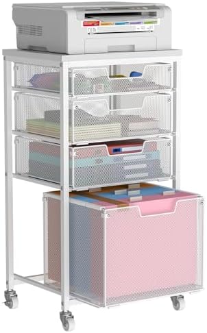 Sbanmao 4 Drawer Rolling File Cart with Wheels, Mobile Filing Cabinet for Home Office, Hanging File Organizer, Under Desk Storage, Multifunctional Utility Cart Printer Stand, White