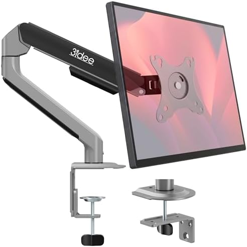3IDEE FlexiLite Single Monitor Arm Desk Mount for 17-32" Screens, Holds up to 20 lbs, Slim Aluminium Design, Fully Adjustable & Flexible, Quick Box to Desk Setup, Clamp/Grommet Base, VESA 75/100