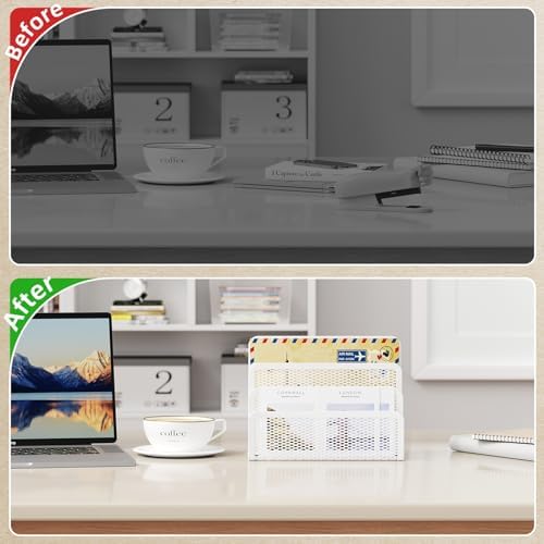 Marbrasse Mail Organizer for Desk, 3-Slot Mesh Metal Mail Holder countertop, Letter Holder, Office Desktop Envelope and Document Storage Rack (White)