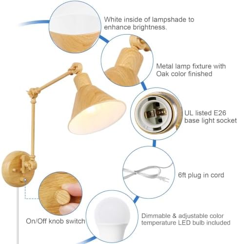 TRLIFE Dimmable Wall Sconce, Remote Control Plug in Wall Sconce Dimming 10%-100% and Adjustable Color Temperature 2700K-6000K, Swing Arm Wall Lights with Plug in Cord, UL Listed(2 Pack, Oak Color)