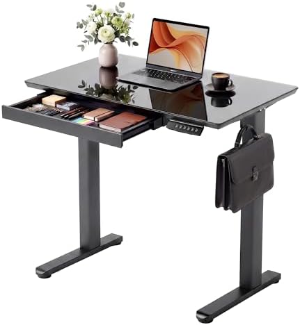 YDN Glass Standing Desk with Drawers 32x19 Inch Black