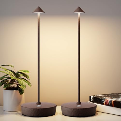 2Pack Rechargeable Cordless Table Lamp, Portable Powered LED Battery 6000mAh Metal USB Desk Lamp, 3 Levels Brightness Light for Restaurants Outdoor (2pack ferruginous)