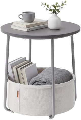 SONGMICS HOME Small Side Table, Round End Table, 2 Tier Nightstand with Basket, U Shaped Steel Legs, Easy Assembly, for Living Room, Bedroom, Gray and White