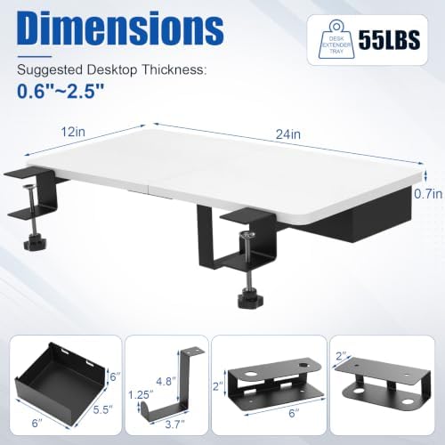 Novabright 24" x 12" Desk Extender Tray with Side Storage Rack Heavy Duty Desk Extender Under Desks Laptop Mount Keyboard Extenders for Desks with a Concealed Storage Area for Cable & Earphone (White)