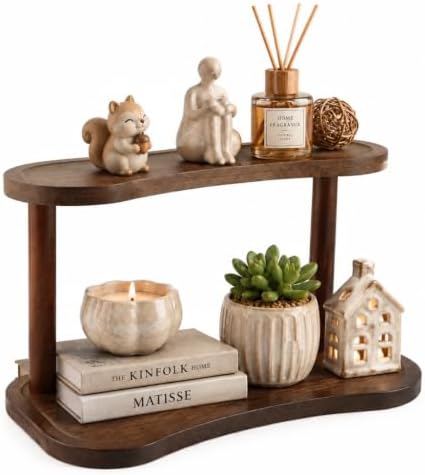 Bamboo Desktop Organizer Shelf, 2-Tier Wooden Bathroom Organizer Countertop, Natural Bamboo Display Stand for Perfume, Makeup, Coffee Mugs