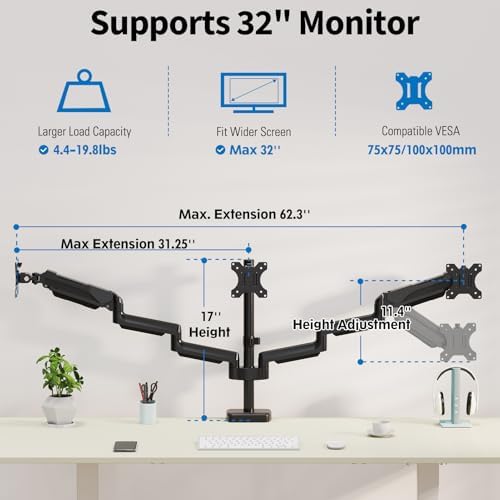 Triple Monitor Desk Mount for Computer Screens up to 32"