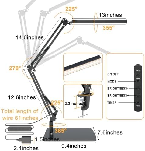 TROPICALTREE LED Desk Lamp for Home Office and Round Base, Clamp-On with 5 Light Modes & Auto Shut Off | 14W Adjustable Brightness 5000K Eye-Caring Lighting for Study/Bedroom/Computer Desk