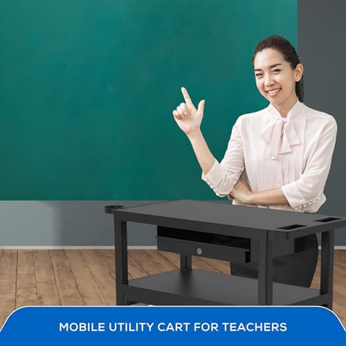 A-to-Z 289-ECMBSKBC-B Luxor 32" x 18" Deluxe Teacher Cart – Locking Cabinet, Storage Bins, Retractable Keyboard Tray, Pocket Chart Hooks, Cup Holder, Ergonomic Handle, Mobile Design, 4" Casters