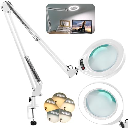 VEEMAGNI 5 Inch Large Real Glass Magnifying Glass with Light and Stand, 5 Color Modes Stepless Dimmable, 2*16 Inch Swivel Arm LED Clamp Desk Lamp, Hands Free 15X Lighted Magnifier for Crafting-White