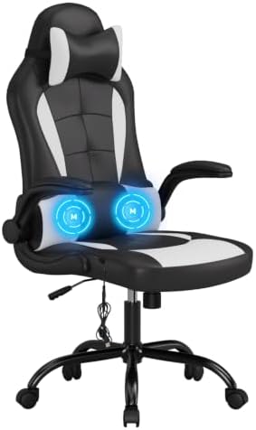 Massage Gaming Chair Office Chair Ergonomic PU Leather Desk Chair with Lumbar Support, Headrest, Flip-Up Armrests, and Swivel Rolling Base, Ideal for Women Adults, White