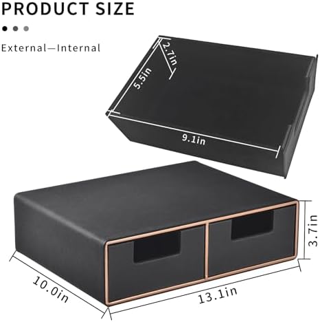 Linen Leather Desk Organizer and monitor stand with Drawers－Mini Desktop Drawer Organizer Stackable－Tabletop Organization Storage Box for Office Supplies Home Vanity Toiletries (Black, 2-drawers)