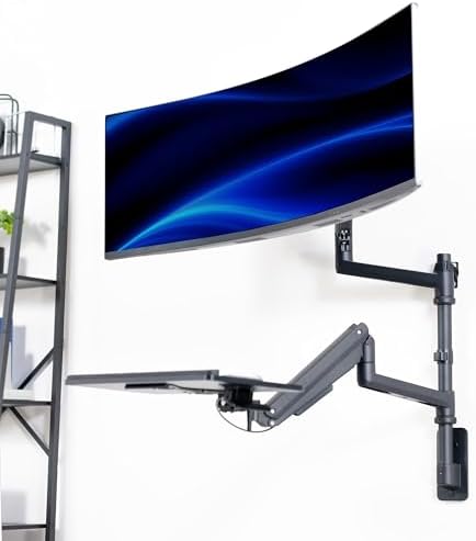 VIVO Sit-Stand Heavy Duty Ultrawide Monitor Wall Mount for Screens up to 49 inches with Height Adjustable Keyboard and Mouse Tray, Pneumatic Arm Computer Workstation, MOUNT-V120KB35C