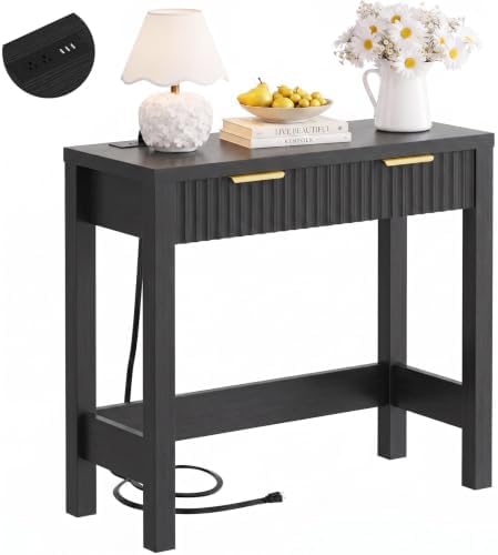 Cyclysio 32" Small Console Table with Charging Station & 2 Fluted Drawers