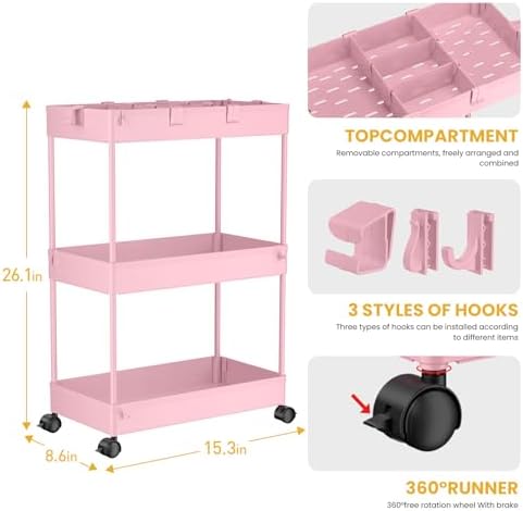SPACELEAD 3 Tier Rolling Cart with Wheels, Storage Craft Art Trolley Organizer Serving, 3 Hanging Baskets Easy Assembly, for Office, Living Room, Kitchen, Pink