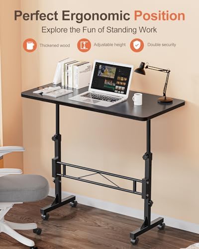 Amztabler Small Standing Desk Adjustable Height, Mobile Stand Up Desk with Wheels, 32 Inch Portable Rolling Desks Conference Room Tablesf for Walking Pad Treadmill Black