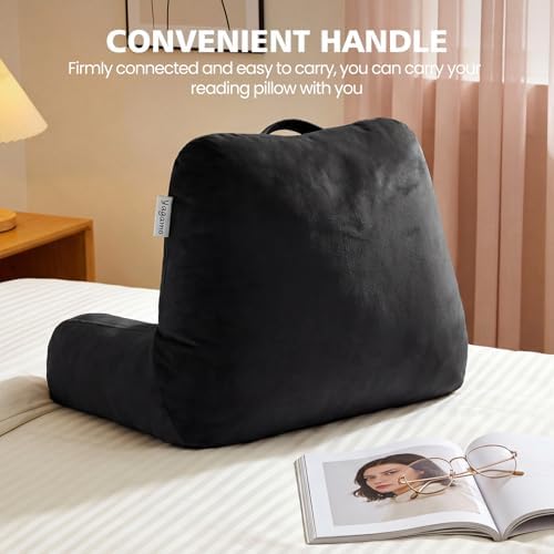 Reading Pillow for Bed Sitting Up, Adults and Teens Backrest with Arms, Velvet Back Support Pillow for Sitting on Sofa, Couch with Washable Cover- Standard, Black