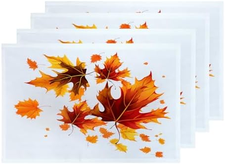 Shrahala Autumn Maple Leaves Placemats, Orange Fall Red Leaves Table Mat Linen Burlap Washable Double-Deck Heat Insulation for Dining Table Kitchen Table Set of 4 (12 x 18 inch)