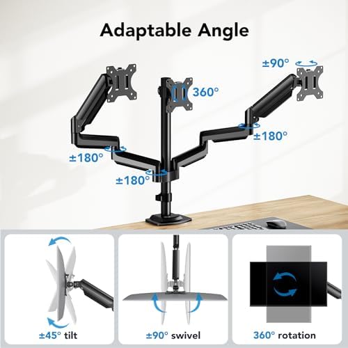 HUANUO Triple Monitor Mount for 13-27 inch Computer Screens, Gaming 3 Monitor Desk Mount with Arm Holds 19.8lbs, Triple Monitors Stand with Tilt, Swivel, Rotation, VESA 75x75, 100x100mm