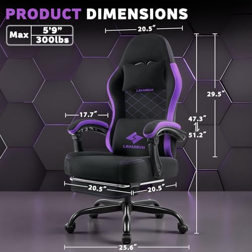 LEMBERI Gaming Chair, Fabric Big and Tall Video Game Chairs with Footrest, Massage Lumbar Support, Racing Style Ergonomic Computer Gamer Chair with Adjustable Headrest (Purple)