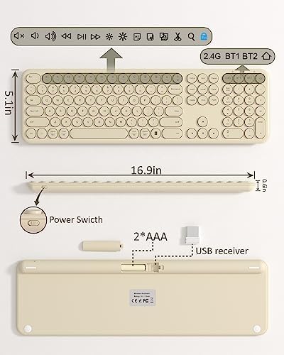 Quiet Wireless Keyboard, Round Keycaps, Low Profile Slim Design (Khaki)