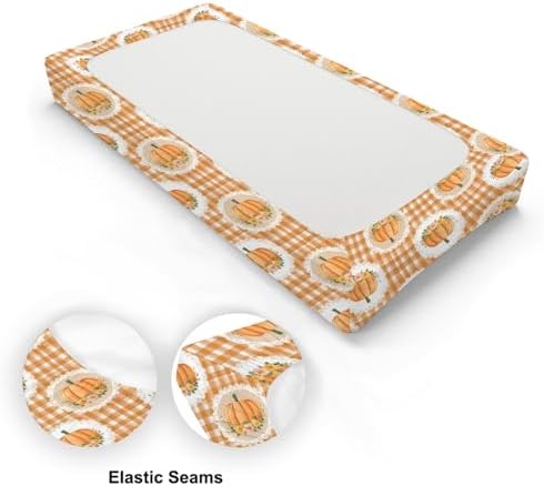 Watercolor Fall Pumpkin Flowers Floral Checkered Autumn Pattern Baby Changing Pad Cover,Unisex Pumpkin Nursery Diaper Changing Table Pad Mat Sheet for Boys Girls-16x32