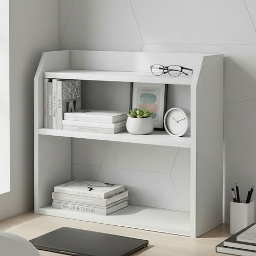 Tangkula 3-Tier Desktop Bookshelf, Wooden Countertop Bookcase with Guardrails, Space-Saving Desk Display Hutch Shelf, Modern Tabletop Storage Organizer for Study Room, Office and Dormitory (1,White)