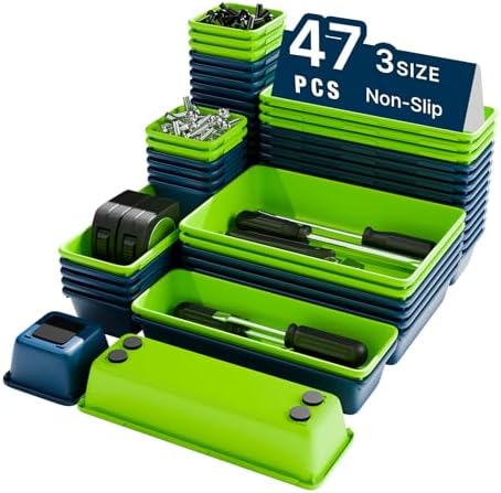 47pcs Tool Box Organizer, Tool Drawer Organizer Trays with Non-slip EVA Pads – Interlocking Divider Set, Fit Garage Storage Desk Drawers & Rooling Tool Cart (Blue & Green 47PCS)