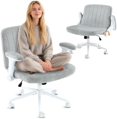 VINGLI Criss Cross Chair with Adjustable Flip-Up Arms,Cross Legged Chair with Wheels, Extra Wide Office Chair,Cozy Desk Chair for Home Office, Vanity, Apartment,Chenille Velvet,Light Blue-Green