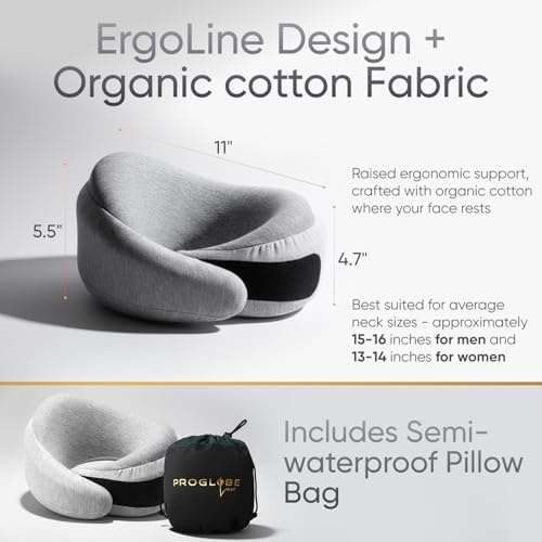 Proglobe Luxe Memory Foam Travel Pillow, Organic Cotton Cover, Light Gray