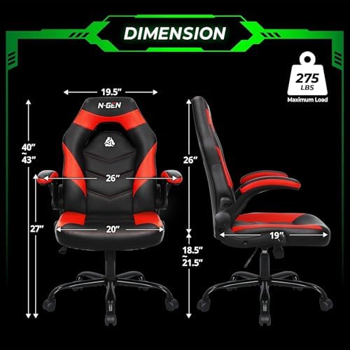 N-GEN GAMING Video Gaming Chair Ergonomic Office Desk Chair with Lumbar Support Adjustable Height Padded Flip Up Arms and Swivel Wheels Racing Style Design for Adults with PU Leather (Red)